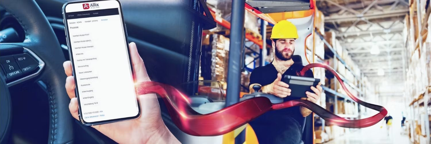 ERP-System mobil im Einsatz: eine Hand hält ein Smartphone mit der mobilen ERP-App, daneben ein Lagermitarbeiter mit Tablet im Warenlager — verbunden vom roten Allix-Flow. Sinnbild für ein ERP für KMU, das alle Unternehmensressourcen vom Lager bis zur Buchhaltung mobil verfügbar macht.