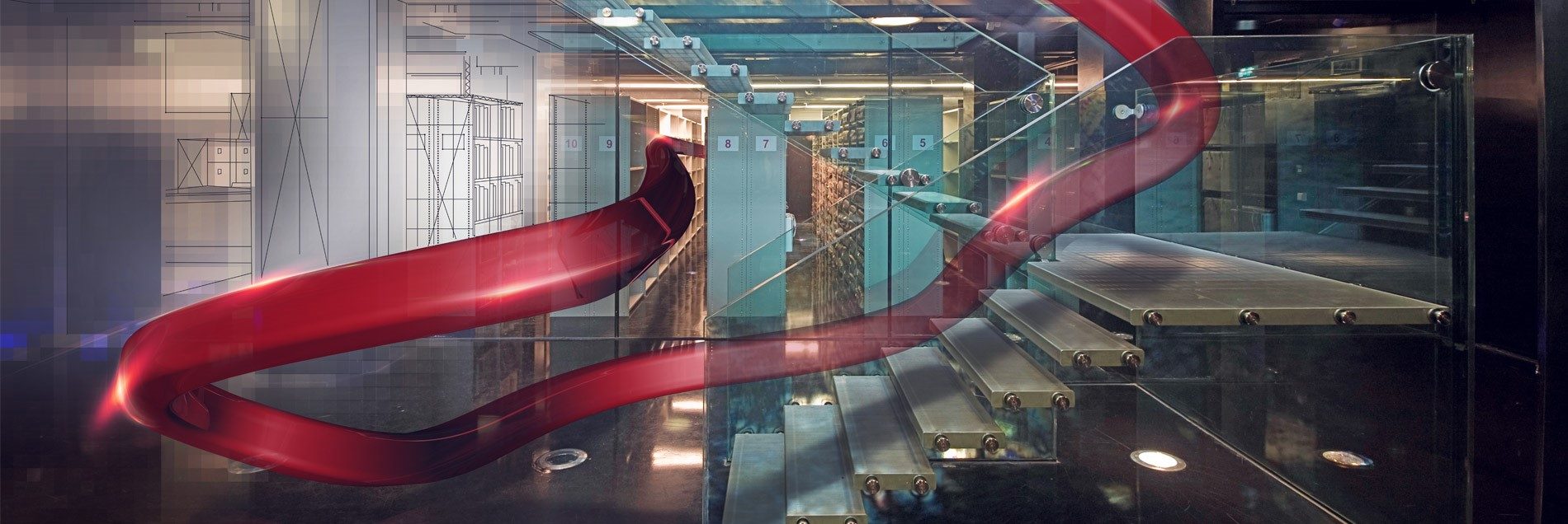 Gläserne Treppe durch ein modernes, geordnetes Dokumentenarchiv mit nummerierten Regalfächern, durchzogen vom roten Allix-Flow — Sinnbild für das papierlose Büro mit einem revisionssicheren DMS