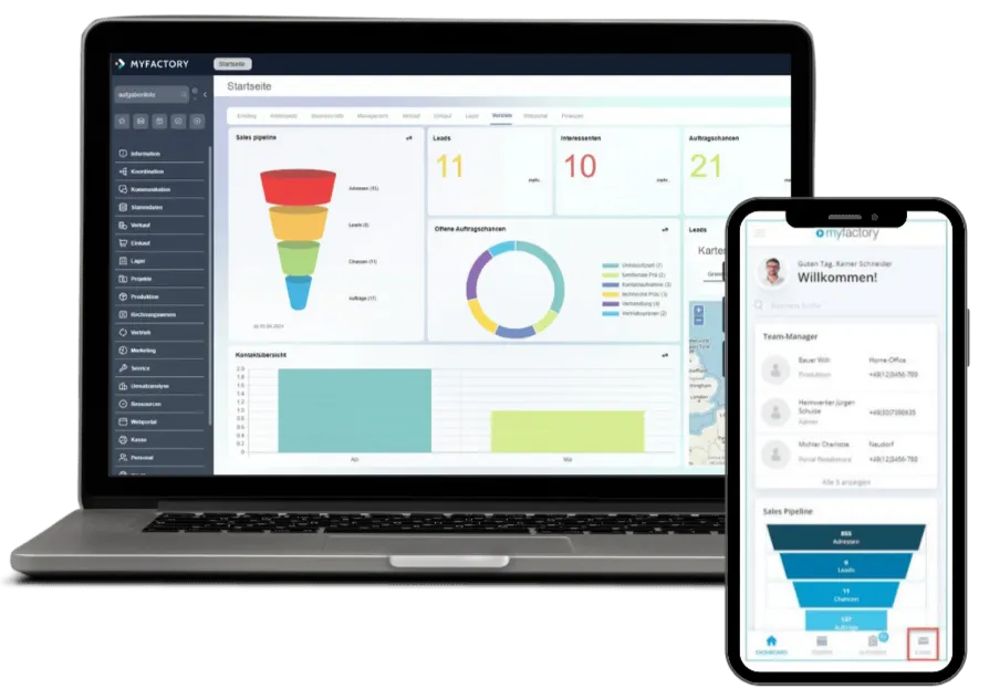 MYFACTORY CRM: Sales-Pipeline mit Verkaufschancen, Interessenten und Aufträgen — am Laptop und mobil auf dem Smartphone