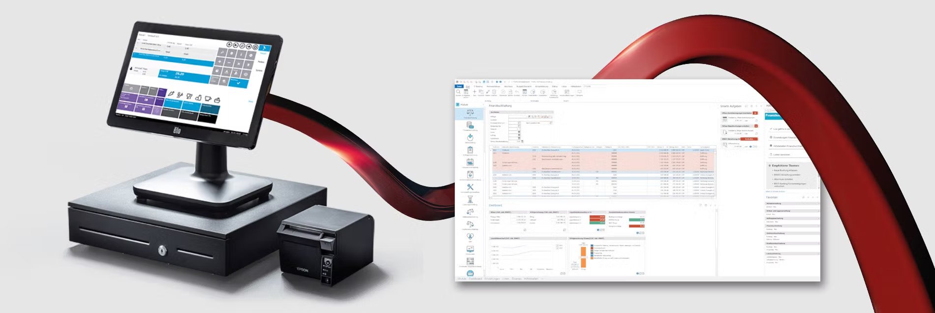 Modernes POS-System im Einsatz: eine Touchscreen-Kasse im Ladengeschäft mit Bondrucker und Kartenterminal, durchzogen vom roten Allix-Flow — Sinnbild für ein Kassensystem für den Schweizer Einzelhandel, das Verkauf, Warenwirtschaft und Buchhaltung in Echtzeit mit dem Proffix ERP verbindet.