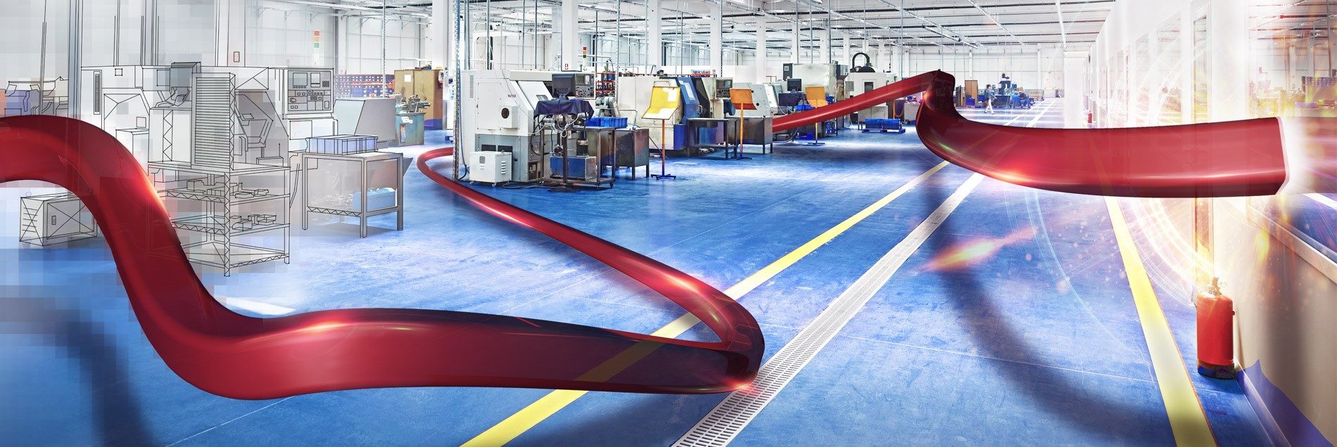 PPS-Software in der Fertigung: moderne Produktionshalle mit CNC-Maschinen, in der links der technische Konstruktionsplan in die reale Produktion übergeht, durchzogen vom roten Allix-Flow — Sinnbild für integrierte Produktionsplanung und -steuerung mit Evopro