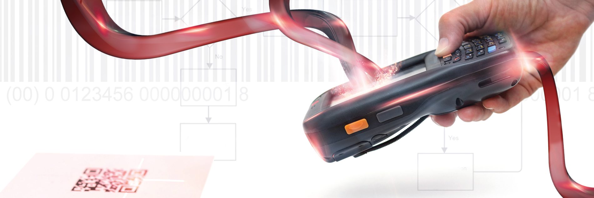 Barcode-Scanning in der Logistik: eine Hand hält einen robusten mobilen Handscanner, der einen QR- und Strichcode erfasst, durchzogen vom roten Allix-Flow — Sinnbild für mobile Datenerfassung, die Artikel-, Chargen- und Seriennummern in Echtzeit ins ERP-System überträgt.