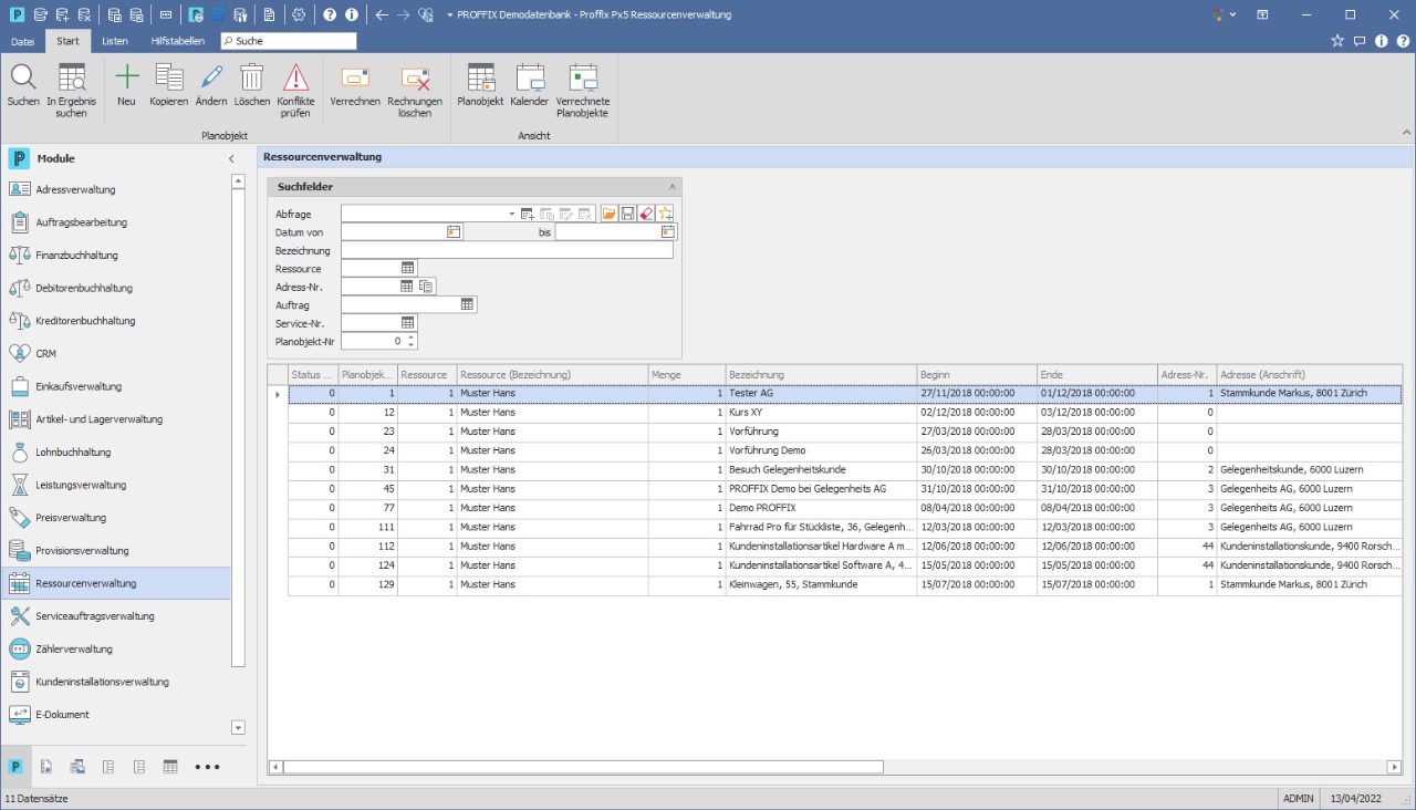 Ressourcenverwaltung im Proffix Px5: grafische Planung im Kalender mit Auslastung pro Ressource